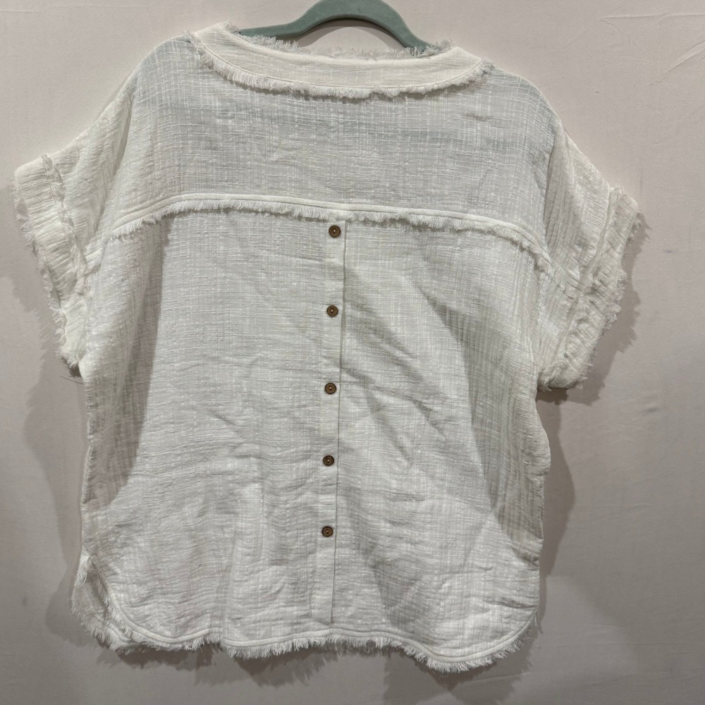 Doe & Rae White Textured Gauze Boho Top Back Button Frayed Raw Edge 1XL - Picture 2 of 5